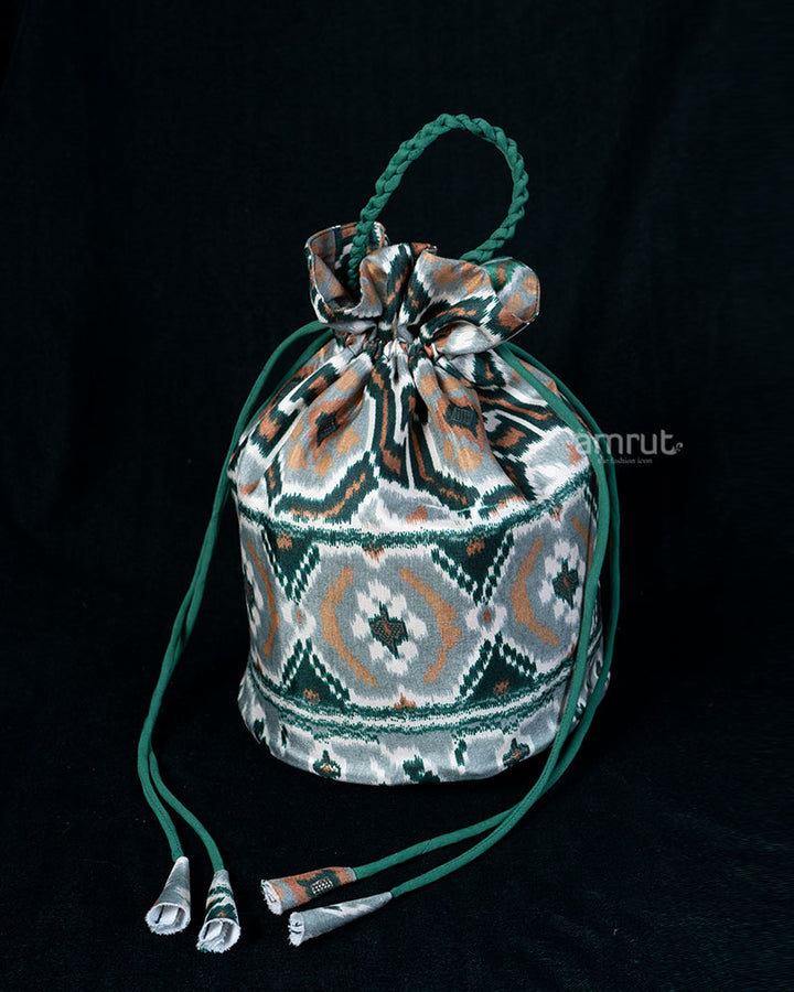 Grey with Teal Drawstring Textured Printed Potli Bag