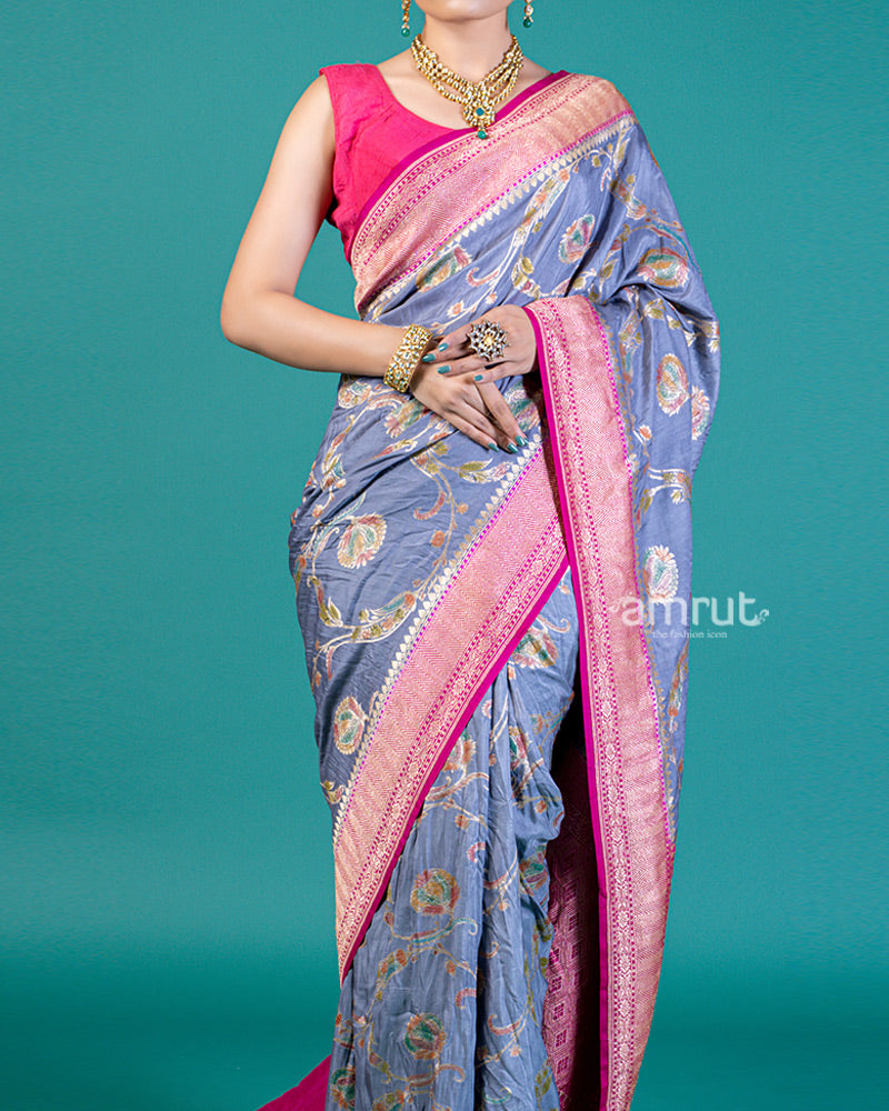 Blue-Grey Tussar Silk Saree with Zari Work and Vibrant Pallu, Unstitched Blouse