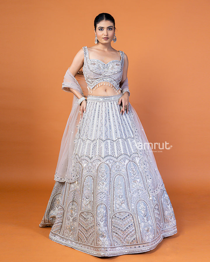 Grey Silver Mirror Embellished Lehenga Choli with Dupatta