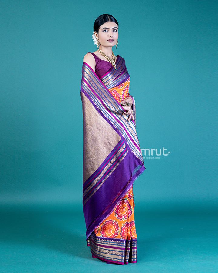 Tangerine Saree with Contrast Lavender Zari Woven Border and Unstitched Blouse