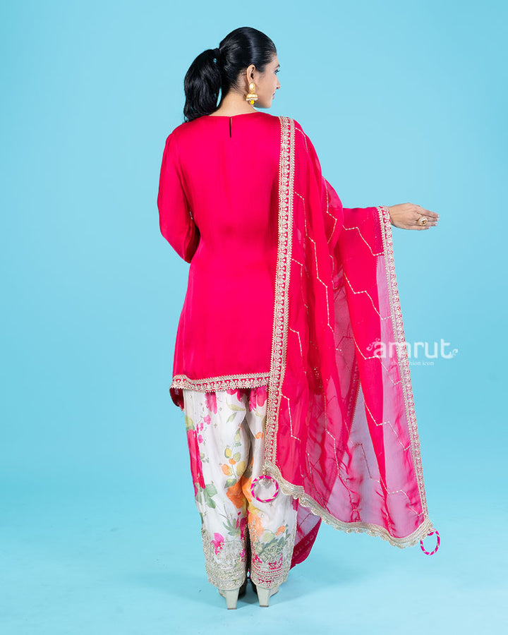 Pink Kameez with Cream Salwar and Matching Dupatta