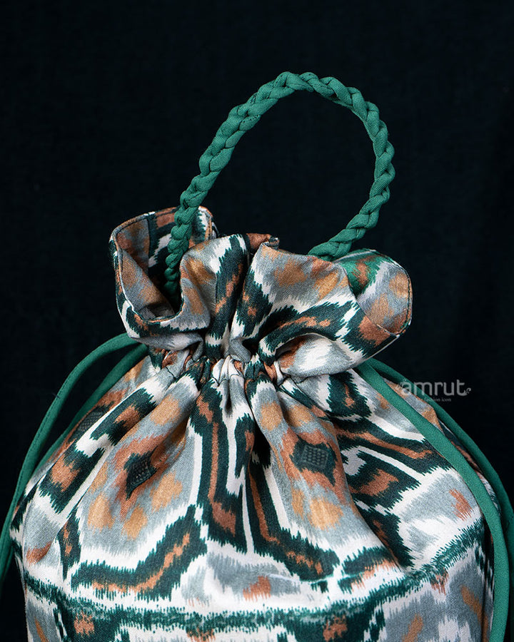 Grey with Teal Drawstring Textured Printed Potli Bag