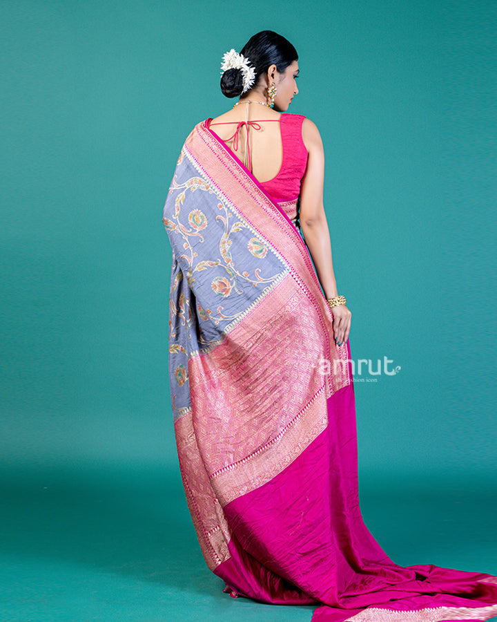 Blue-Grey Tussar Silk Saree with Zari Work and Vibrant Pallu, Unstitched Blouse