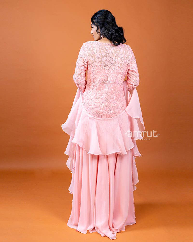 Salmon Pink Palazzo with Plum Top and Ruffle Dupatta