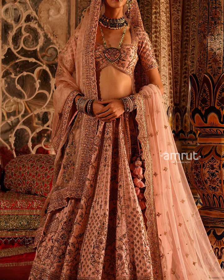 Dusty Rose with Gold Embellishments and Sheer Dupatta Bridal Lehenga Choli