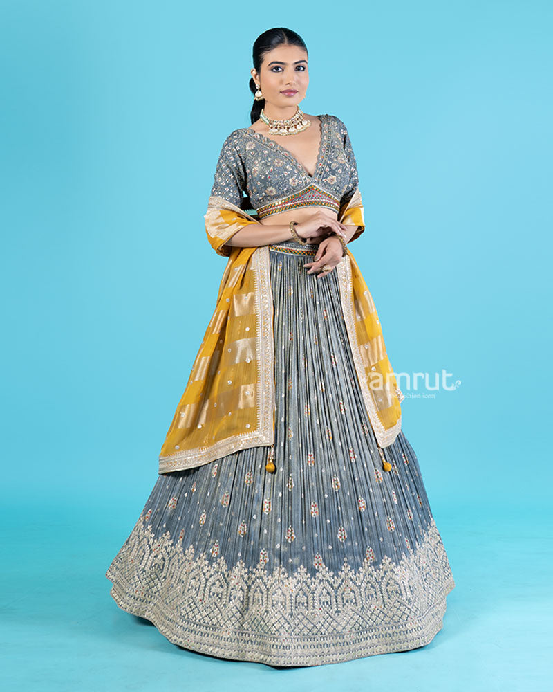 Gray Pleated Lehenga and Embroidered Choli with Mustard Yellow Dupatta