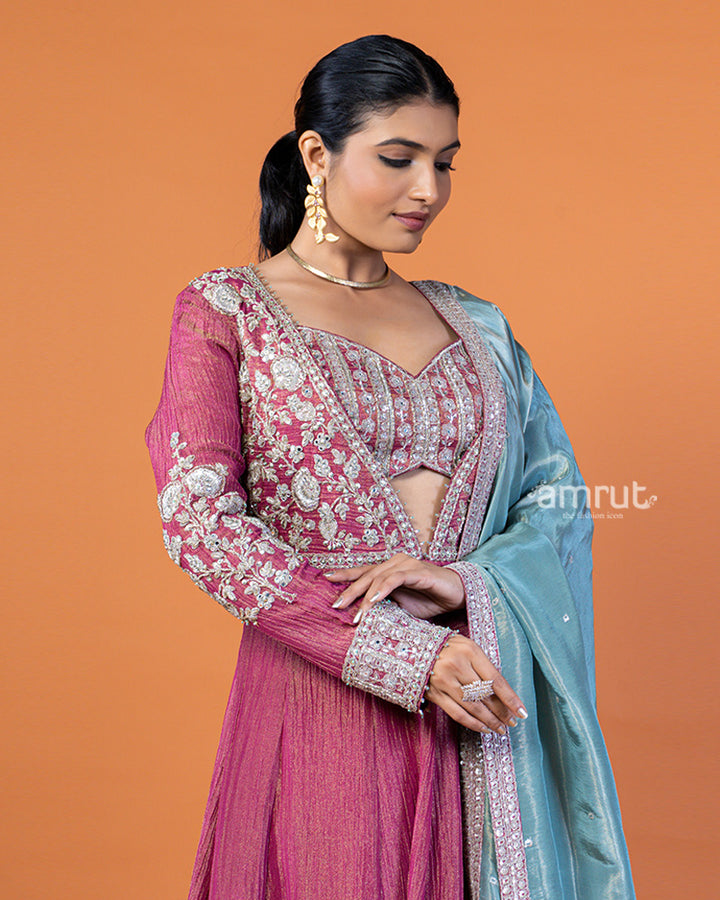 Raspberry Rose Embellished Long Kurta with Shimmering Teal Dupatta