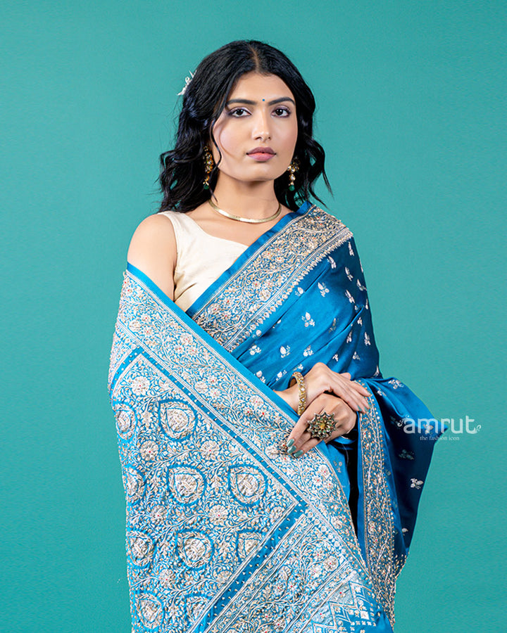 Blue Zari Buti Embellished Silk Saree with Unstitched Blouse