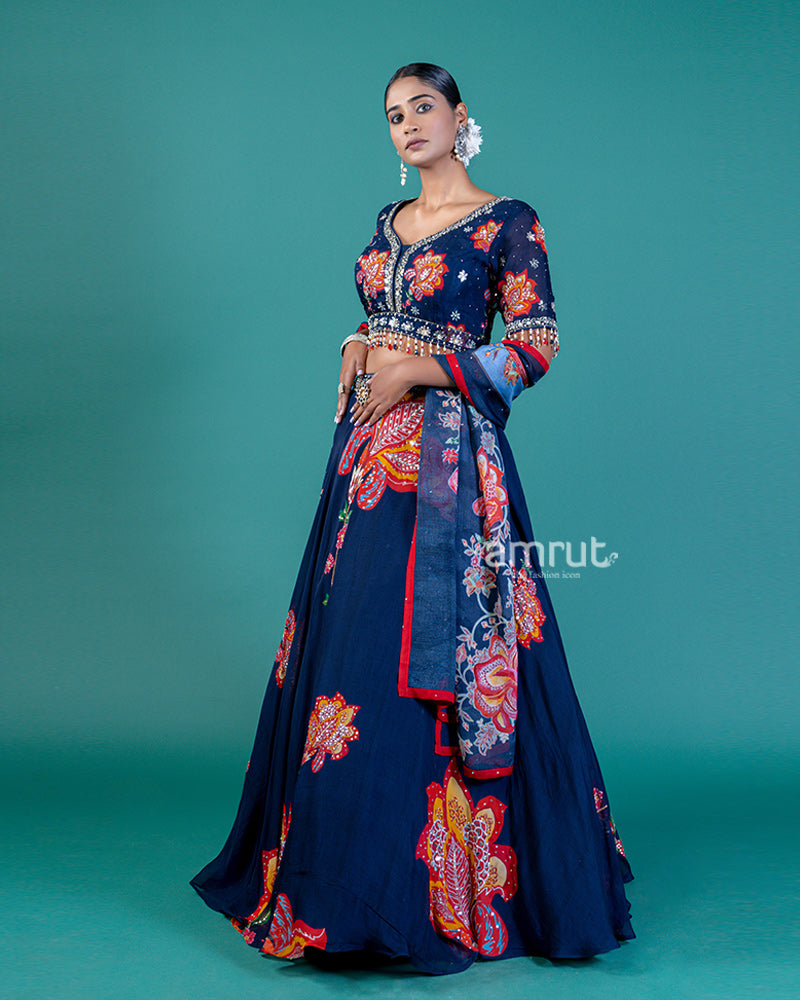 Navy Blue Lehenga Choli with Gold and Maroon Floral Embroidery