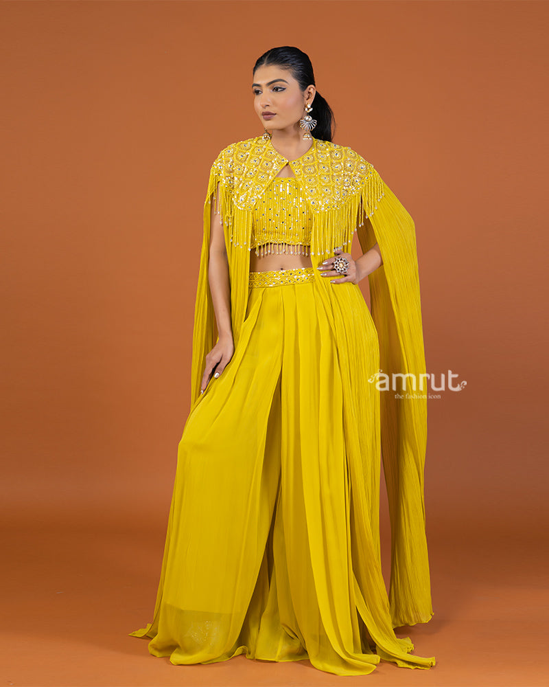 Yellow Embellished Cape-Style Crop Top with Palazzo Pants