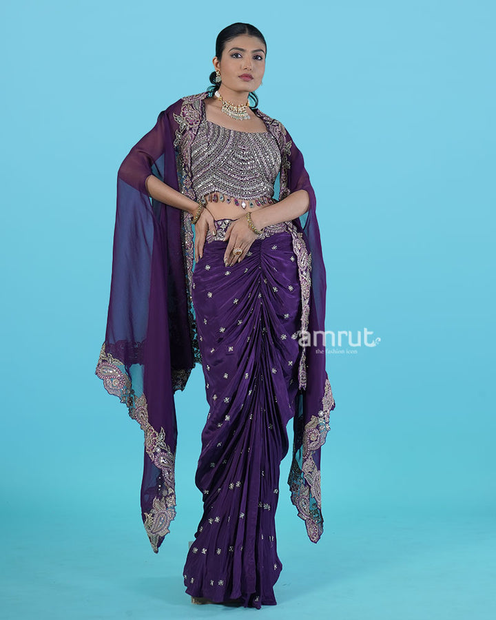 Purple Embellished Choli with Draped Skirt and Embroidered Cape