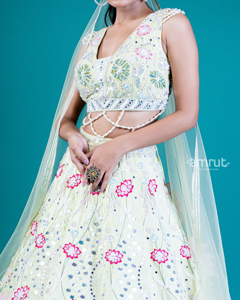 Pastel Yellow Lehenga Choli with Floral Embroidery, Sequins and Net Dupatta