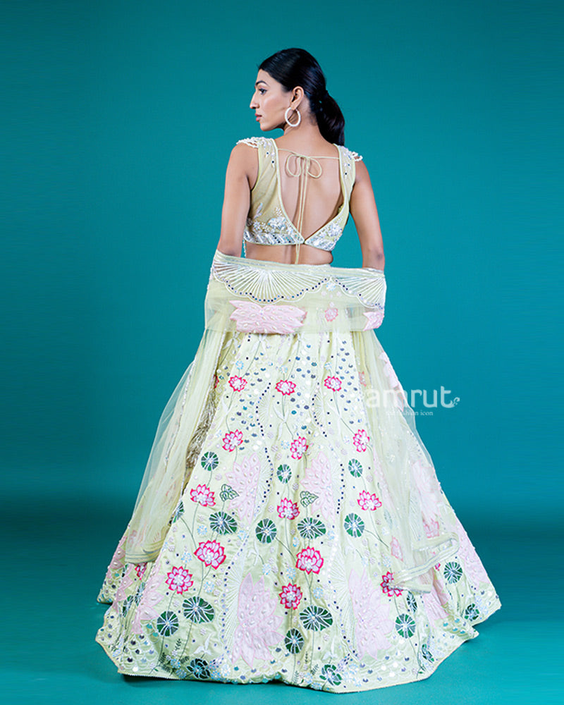 Pastel Yellow Lehenga Choli with Floral Embroidery, Sequins and Net Dupatta