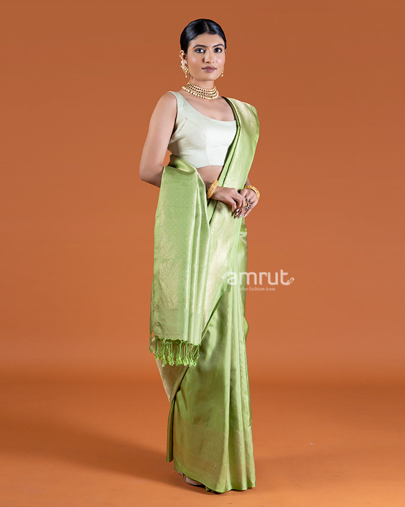 Tan-Green with Golden-Toned Borders Silk Saree with unstitched blouse