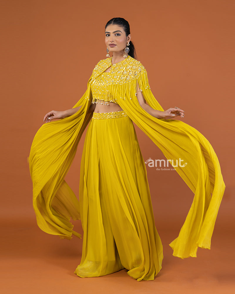 Yellow Embellished Cape-Style Crop Top with Palazzo Pants