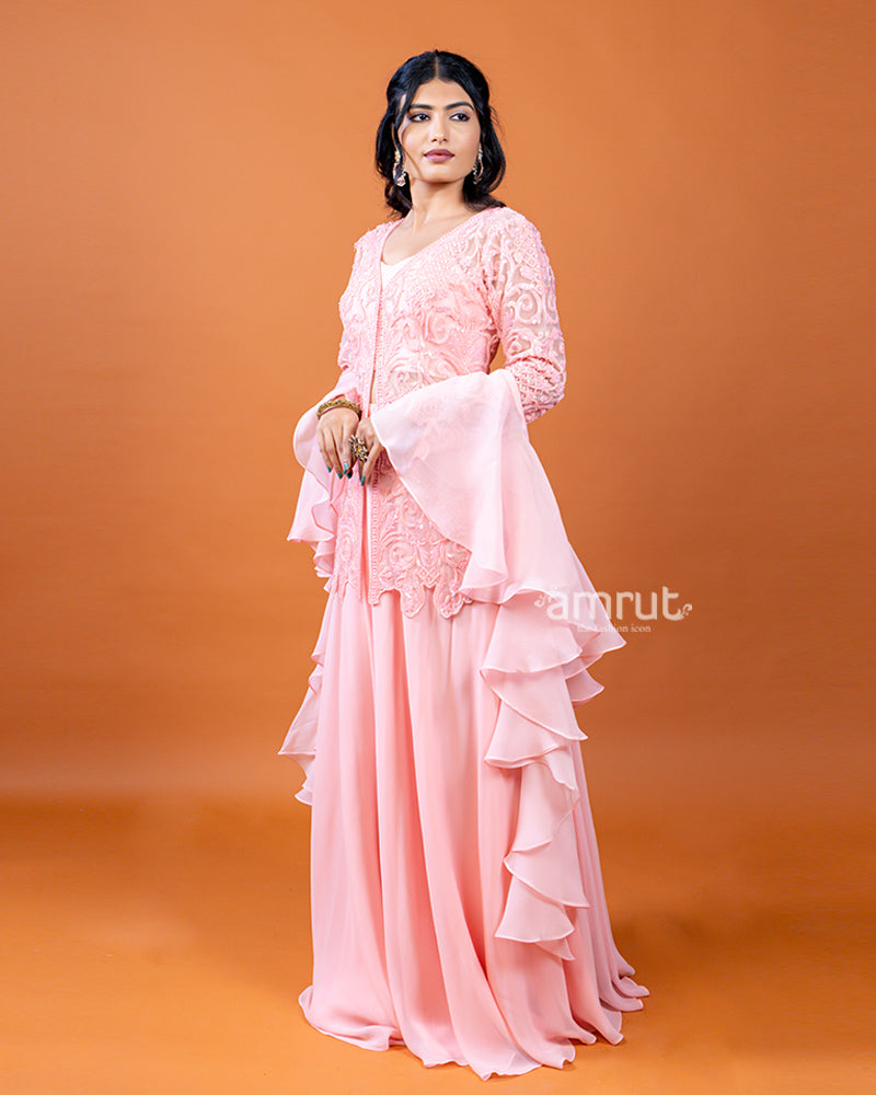 Salmon Pink Palazzo with Plum Top and Ruffle Dupatta