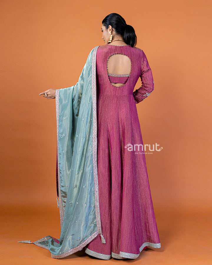 Raspberry Rose Embellished Long Kurta with Shimmering Teal Dupatta