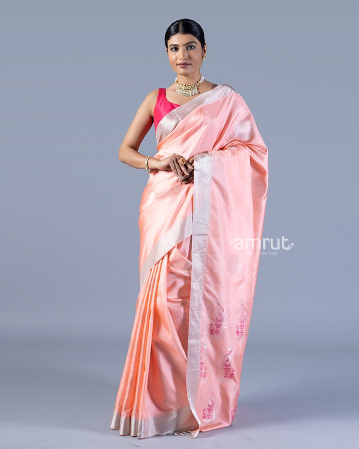 Peach-Pink Silver Woven Border and Floral Embroidery Silk Saree with unstitched blouse