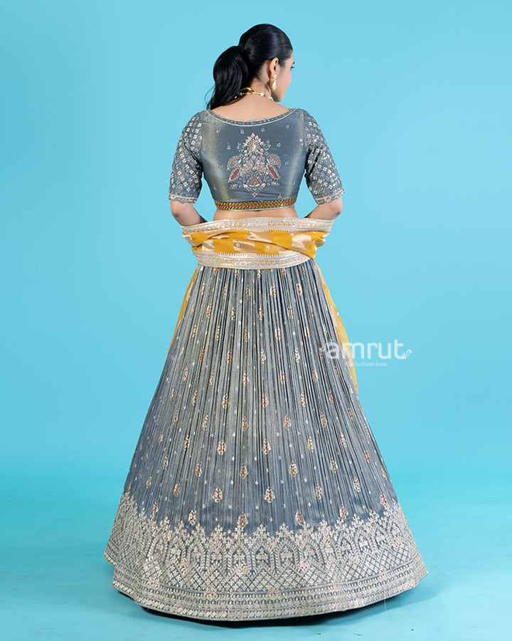 Gray Pleated Lehenga and Embroidered Choli with Mustard Yellow Dupatta