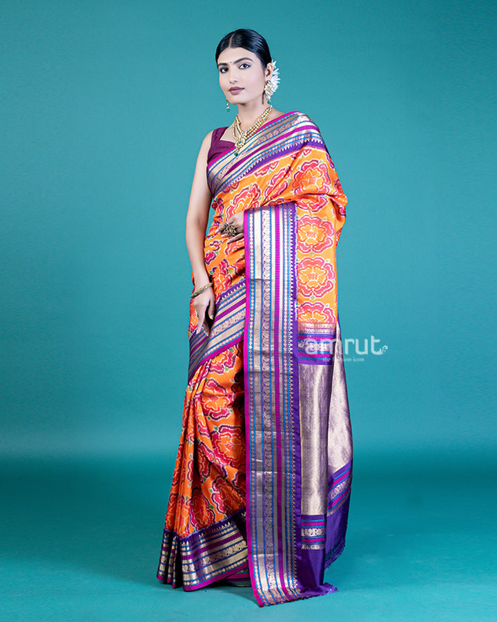 Tangerine Saree with Contrast Lavender Zari Woven Border and Unstitched Blouse