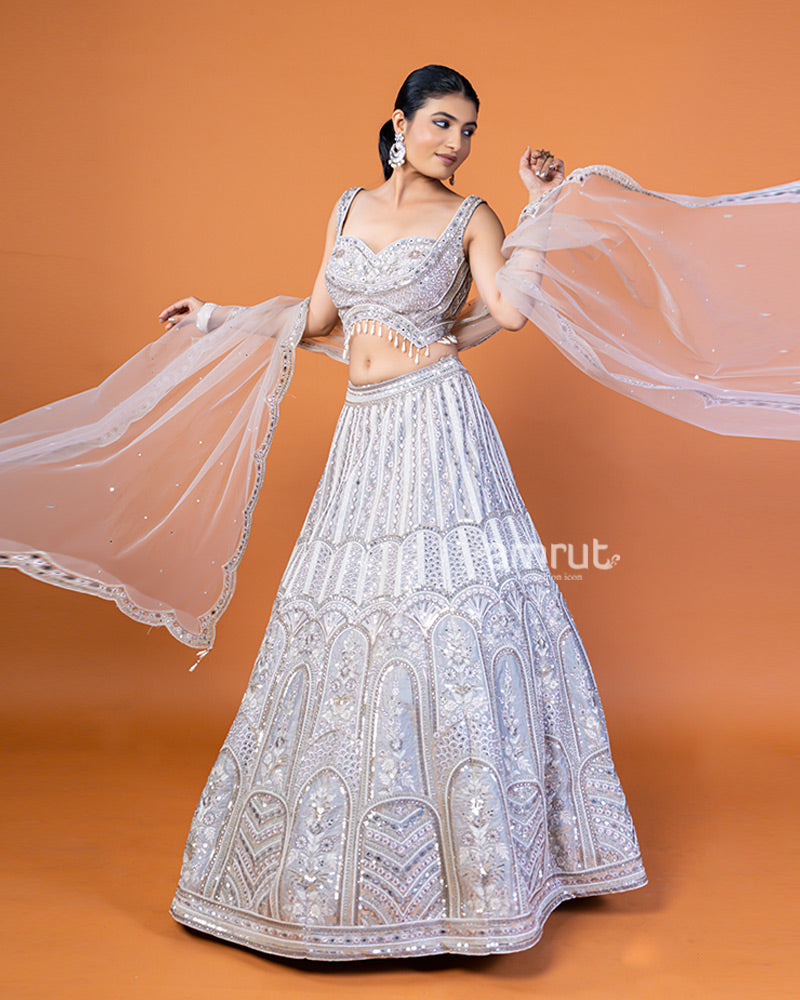 Grey Silver Mirror Embellished Lehenga Choli with Dupatta