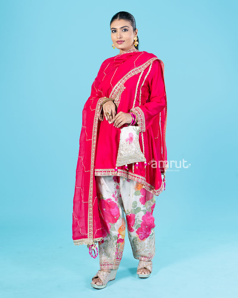 Pink Kameez with Cream Salwar and Matching Dupatta