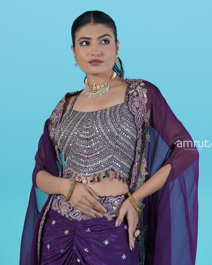 Purple Embellished Choli with Draped Skirt and Embroidered Cape