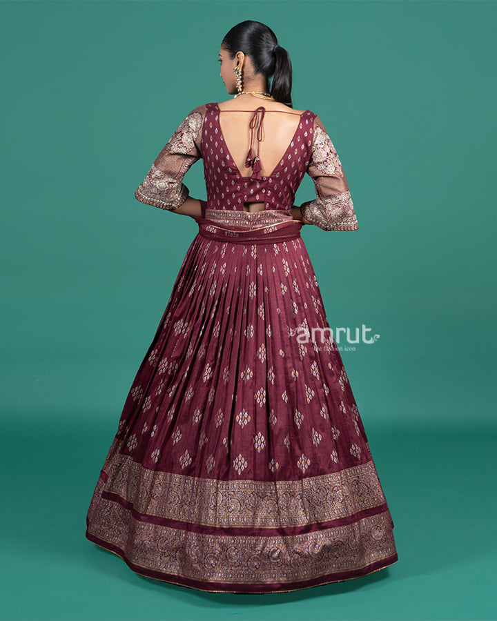 Wine Embroidered Gown with Duptta