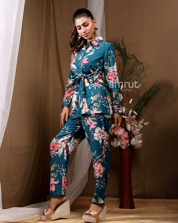 Teal Blue Floral Oriented Co-ord Set With Belt