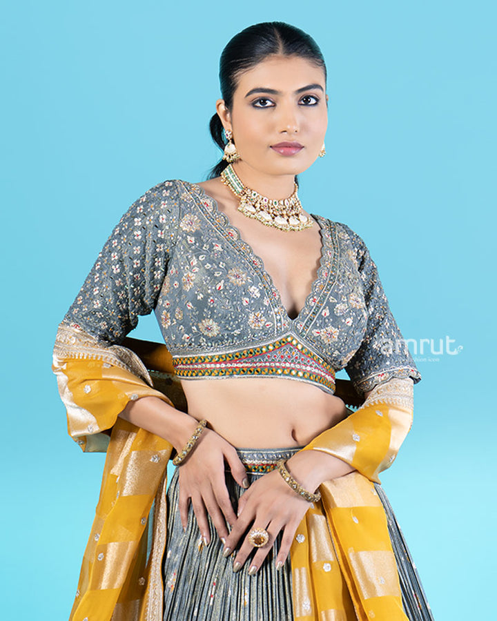 Gray Pleated Lehenga and Embroidered Choli with Mustard Yellow Dupatta