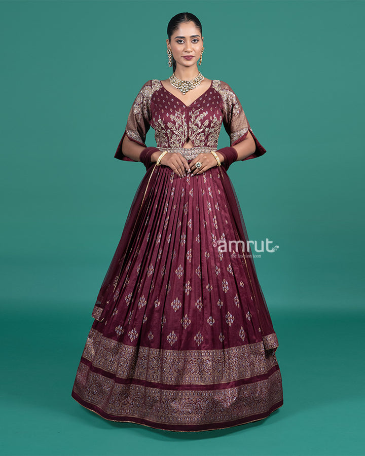 Wine Embroidered Gown with Duptta
