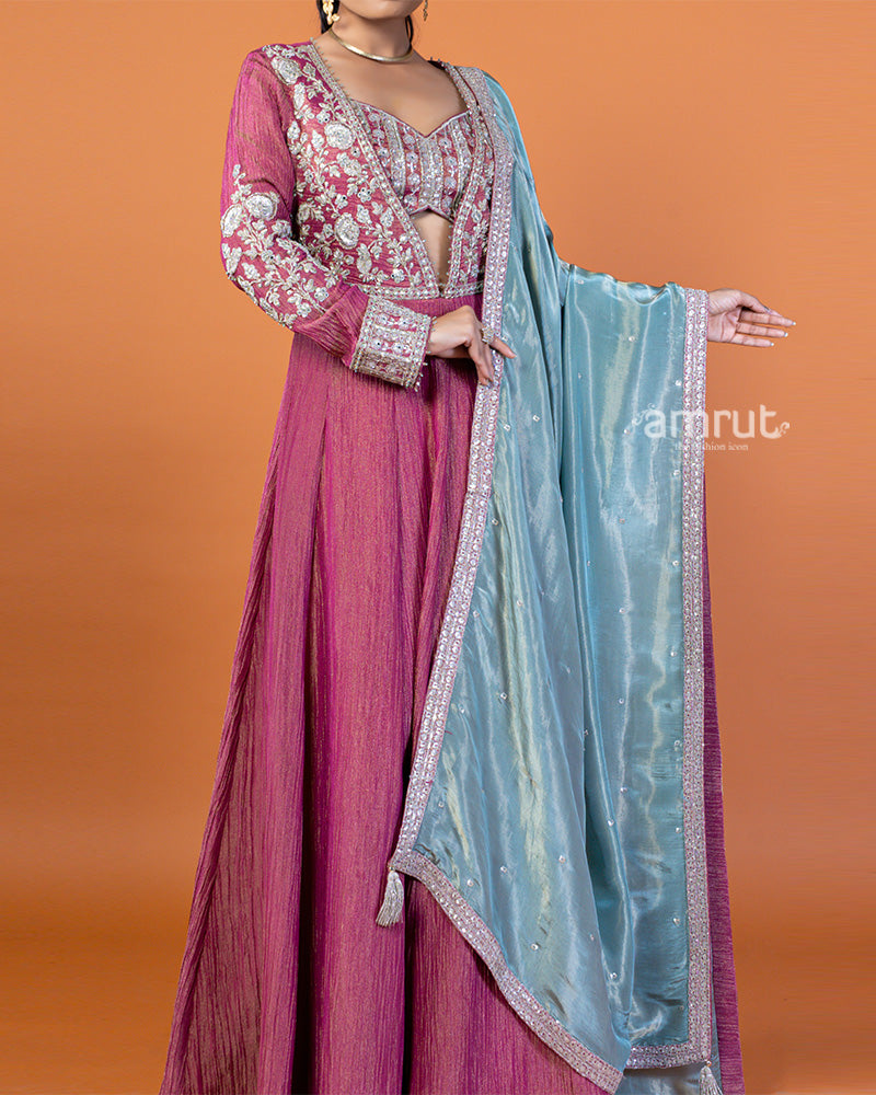 Raspberry Rose Embellished Long Kurta with Shimmering Teal Dupatta