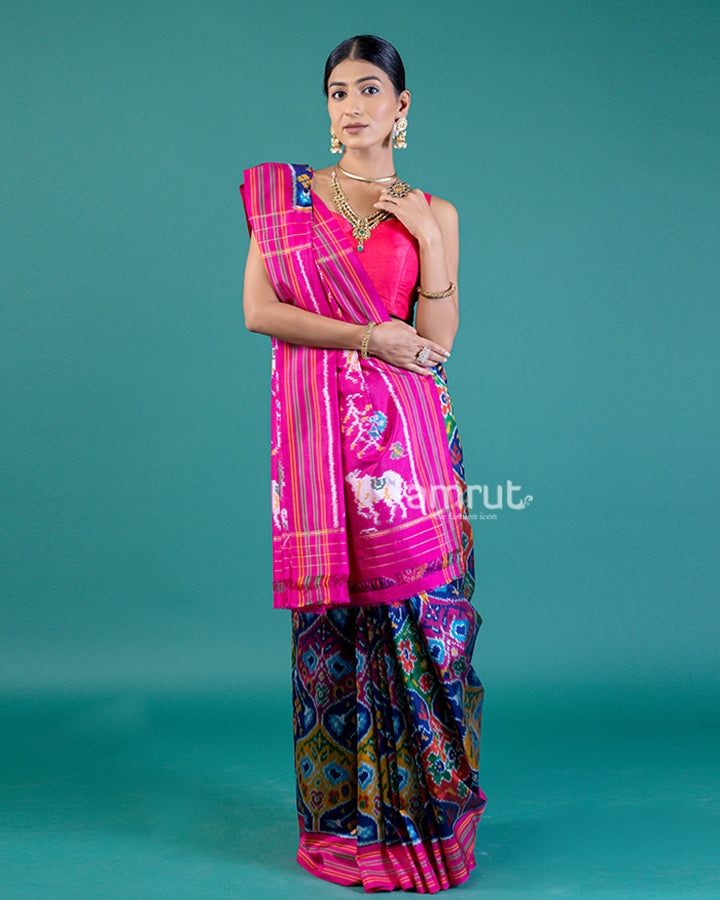 Deep Blue Patola Print Silk Saree with Contrast Pink Pallu