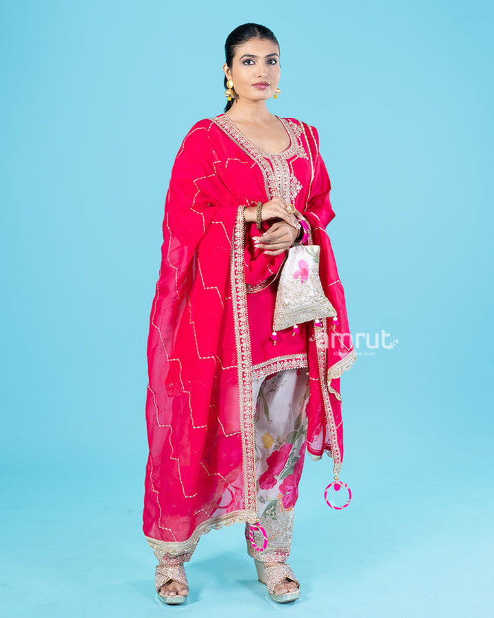 Pink Kameez with Cream Salwar and Matching Dupatta