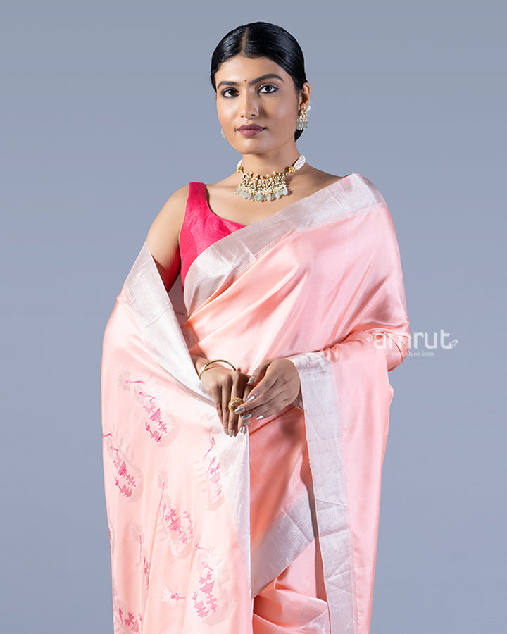 Peach-Pink Silver Woven Border and Floral Embroidery Silk Saree with unstitched blouse