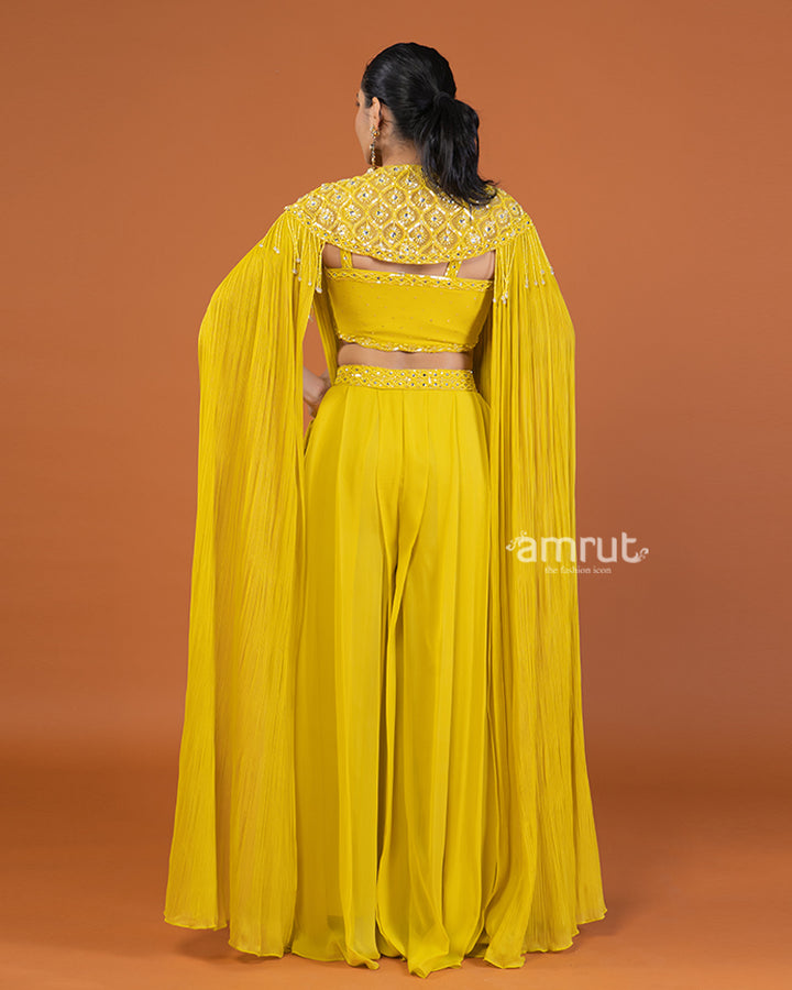 Yellow Embellished Cape-Style Crop Top with Palazzo Pants