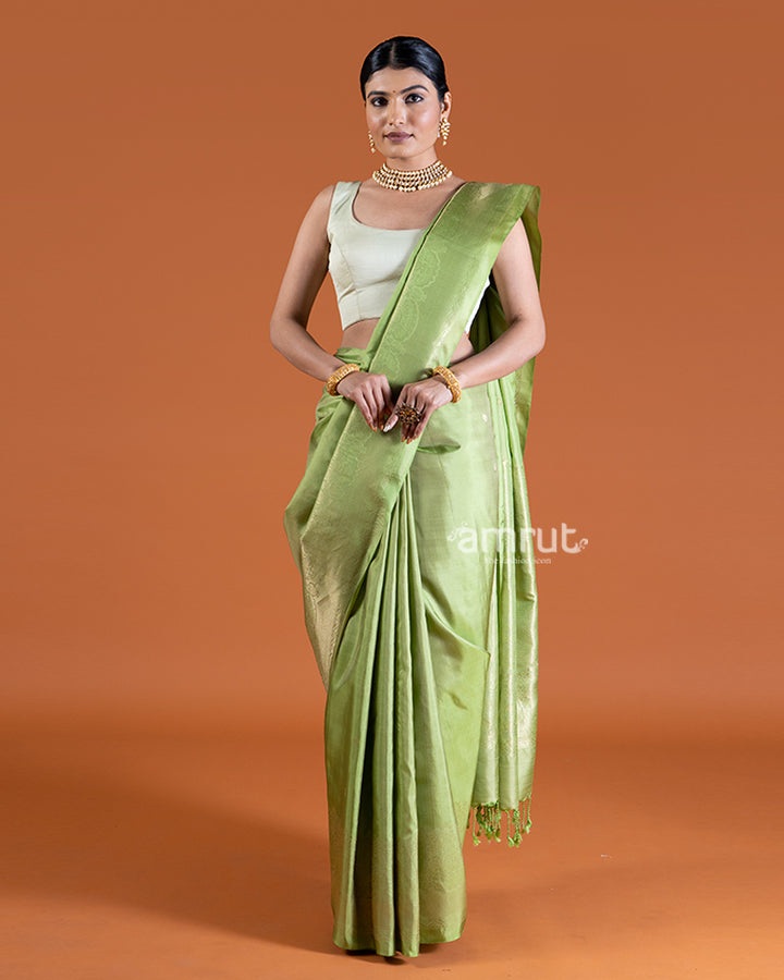 Tan-Green with Golden-Toned Borders Silk Saree with unstitched blouse