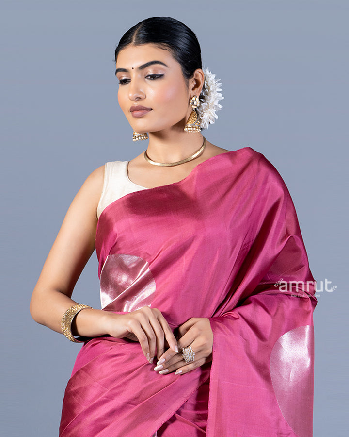 Magenta-Pink with Silver Zari Embellished Silk Saree with Unstitched Blouse