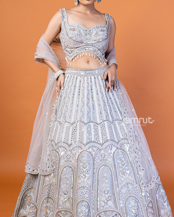 Grey Silver Mirror Embellished Lehenga Choli with Dupatta