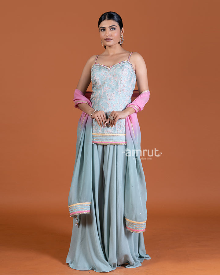 Teal Blue Palazzo set and Ombre Dupatta