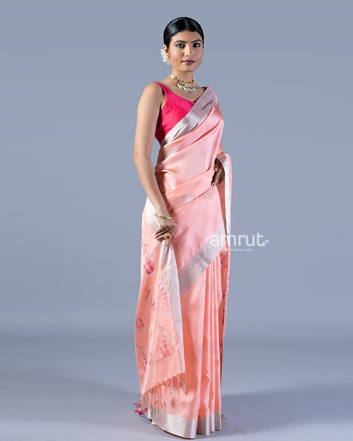 Peach-Pink Silver Woven Border and Floral Embroidery Silk Saree with unstitched blouse