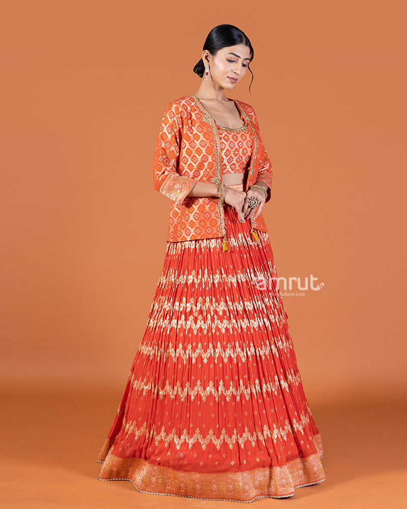 Golden Zari Embroidered Red Lehenga with Orange Crop Choli and Jacket