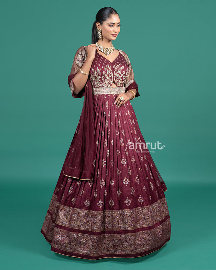 Wine Embroidered Gown with Duptta