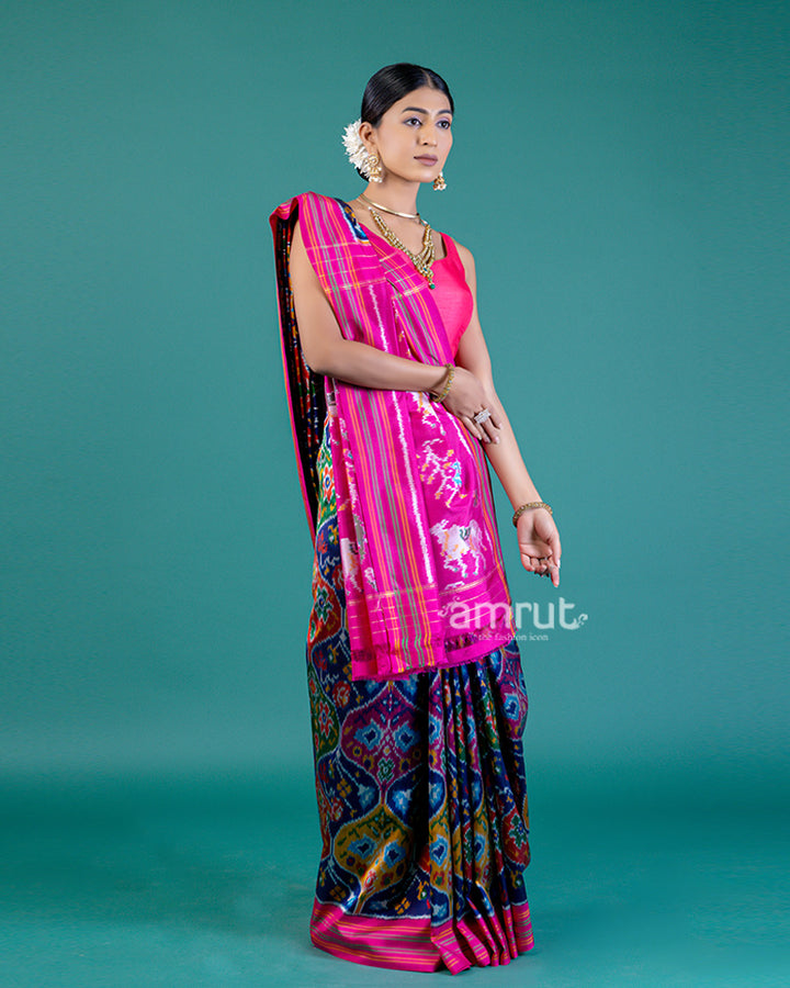 Deep Blue Patola Print Silk Saree with Contrast Pink Pallu