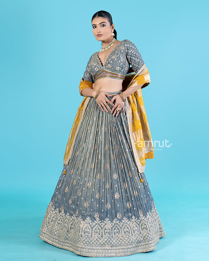 Gray Pleated Lehenga and Embroidered Choli with Mustard Yellow Dupatta