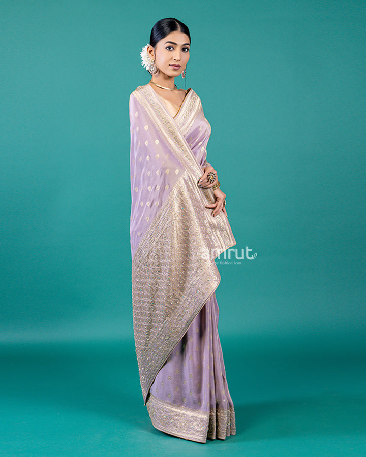 Purple Silk Saree with Buta Design and Rich Border, Unstitched Blouse