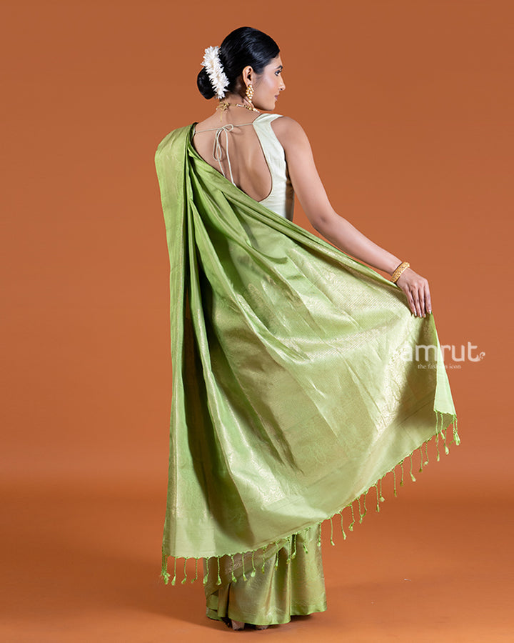 Tan-Green with Golden-Toned Borders Silk Saree with unstitched blouse