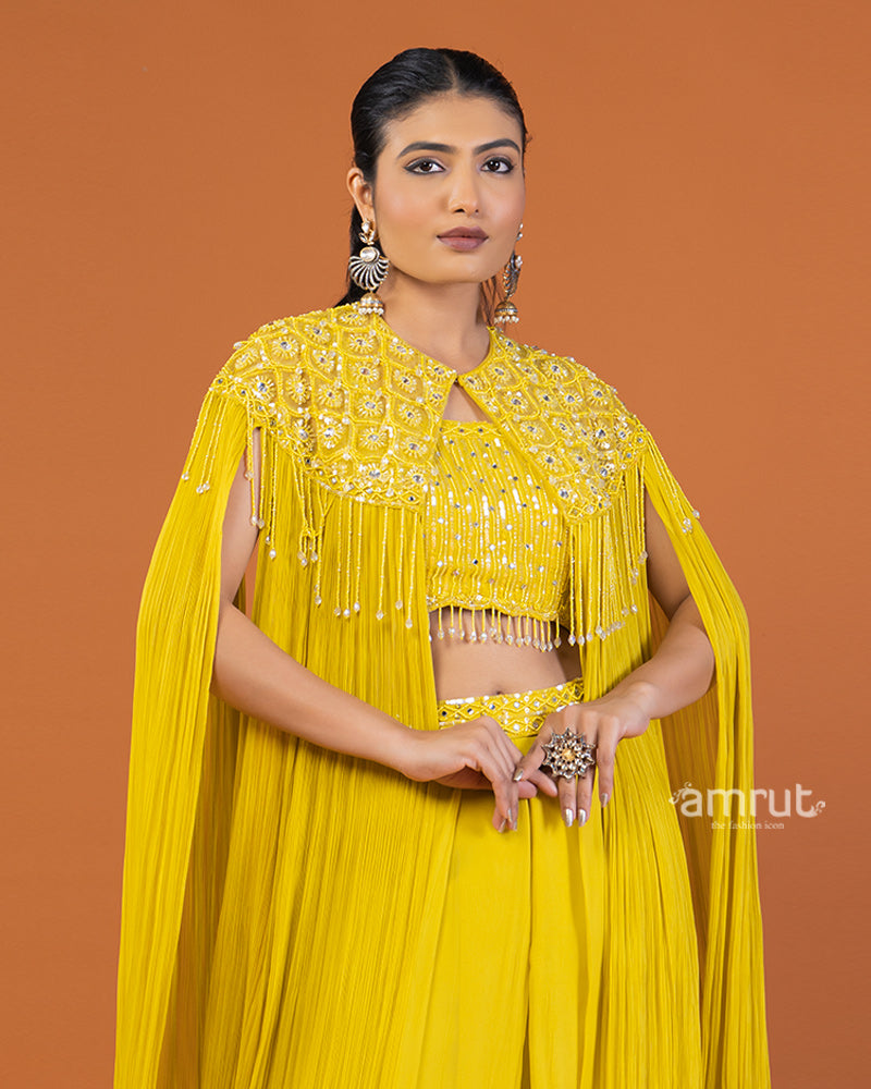 Yellow Embellished Cape-Style Crop Top with Palazzo Pants