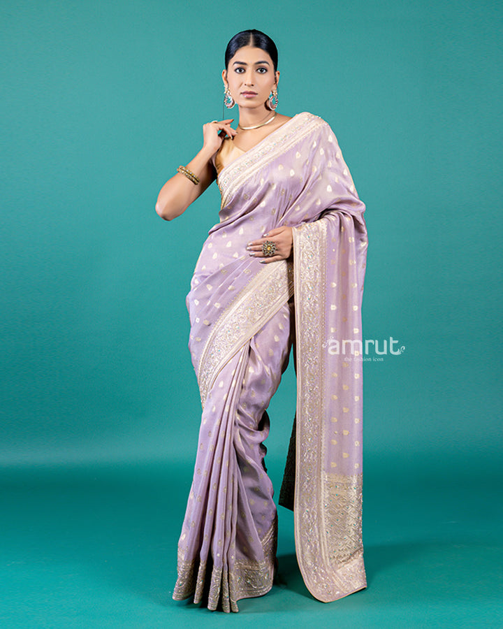 Purple Silk Saree with Buta Design and Rich Border, Unstitched Blouse