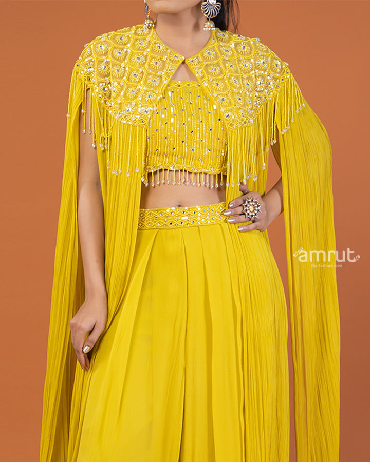 Yellow Embellished Cape-Style Crop Top with Palazzo Pants